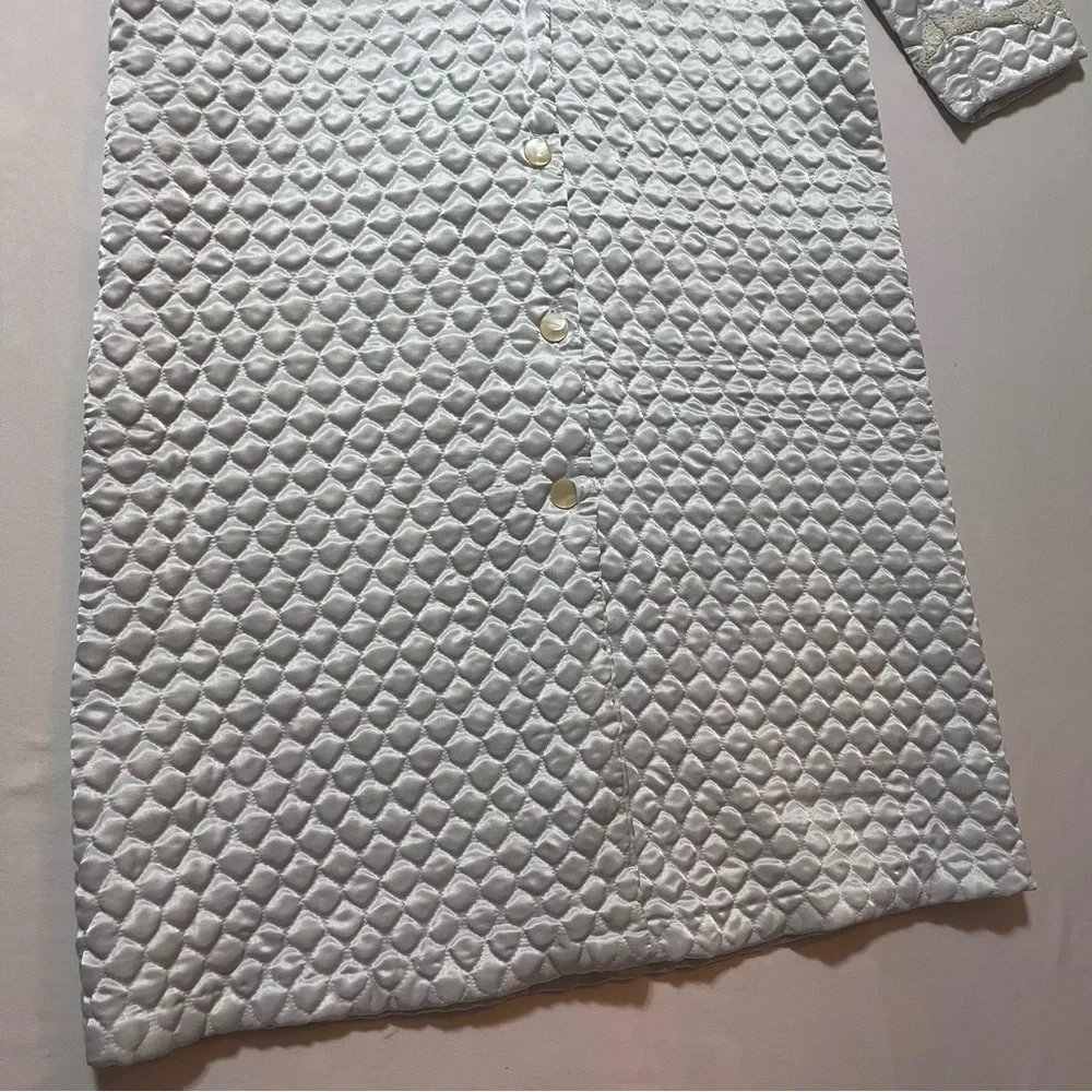 Vintage Dior Junior Quilted Satin‎ Lace Trim Robe Coat Light Blue Hostess 1960s